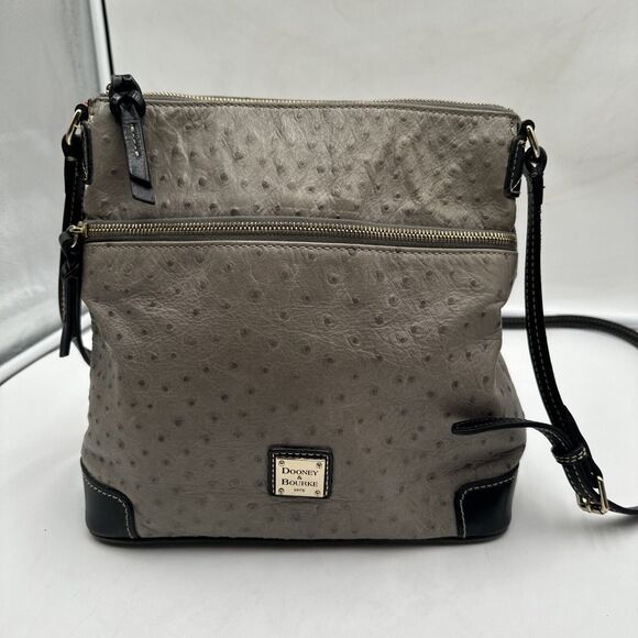 Dooney & Bourke Gray Ostrich Letter Carrier Crossbody Leather Bag Ruby Red Linin - Picture 1 of 12